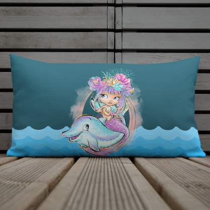 Mermaid on Dolphin Pillow on wood