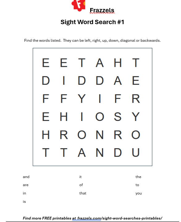 Sight Word Search #1 - FREE
