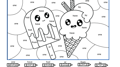 Color by sight words – ice cream – one, have, had, or, from, by