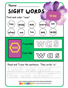 "was" - Sight Word Worksheet - thumbnail